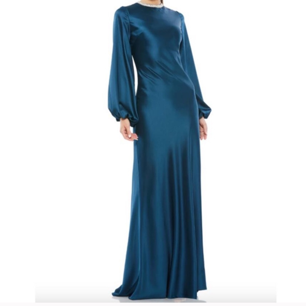 MAC DUGGAL Dress Evening Gown Blue Satin NEW Rhinestone Collar
